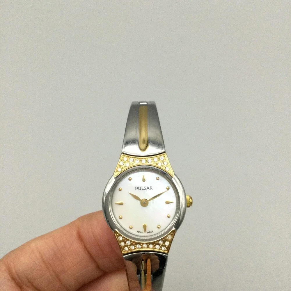 Pulsar Womens Watch 20mm MOP Dial Two Tone Crystals VX50-X252 Bracelet 5.75